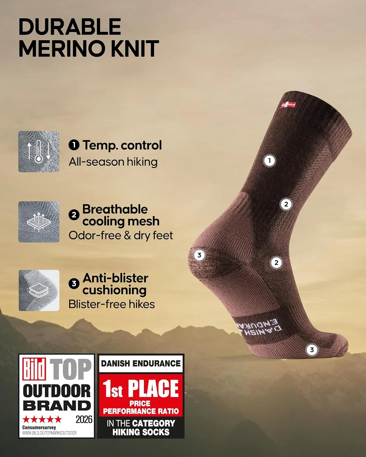 DANISH ENDURANCE Hiking Socks, Merino Wool, Anti-Blister, 3 & 5-Pack