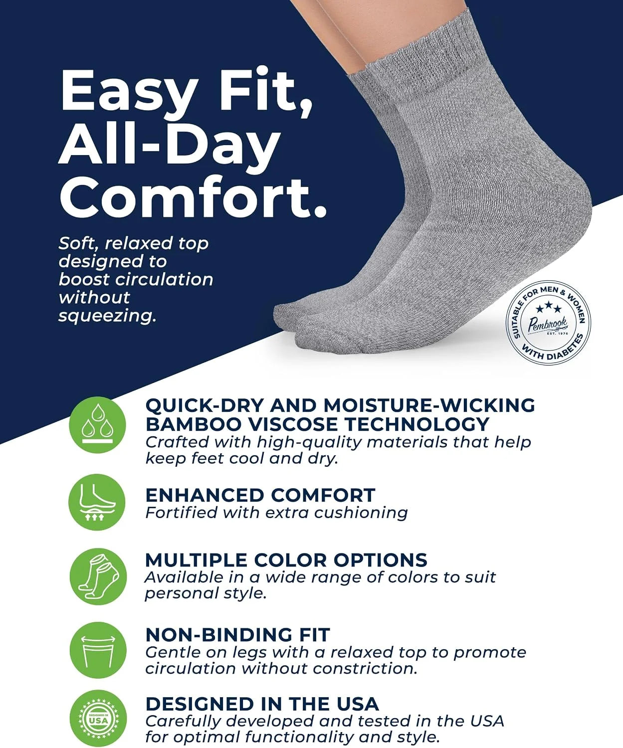 Pembrook® Bamboo Viscose Ankle Diabetic Socks for Women & Men - 6 Pairs